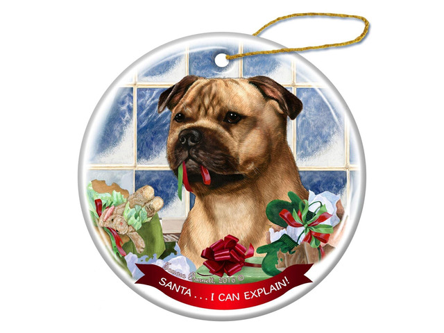 Fawn Staffordshire Bull Terrier Dog Porcelain Ornament 'Santa.. I Can Explain!'