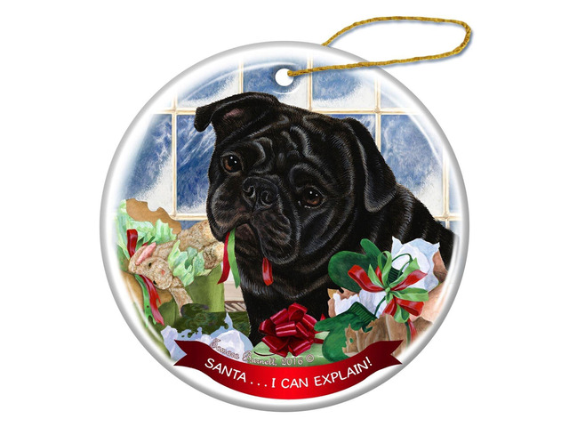 Black Pug Dog Porcelain Hanging Ornament Pet Gift 'Santa.. I Can Explain!'
