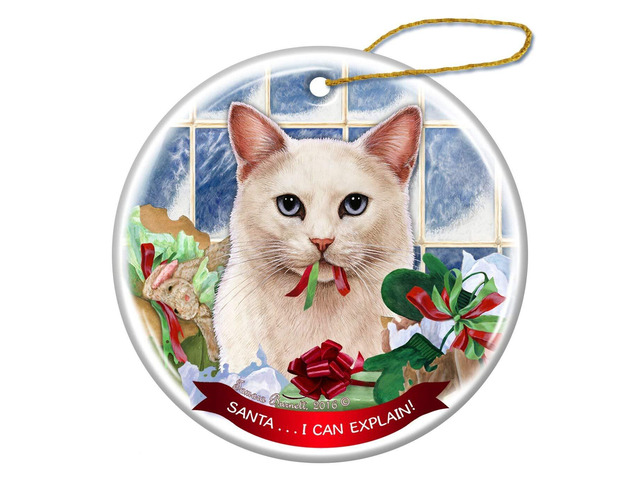 White Shorthaired Blue Eye Cat Porcelain Ornament 'Santa.. I Can Explain!