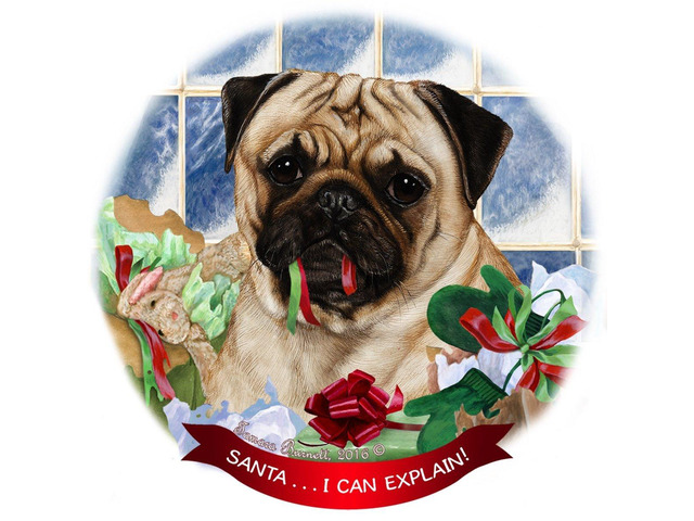 Fawn Pug Dog Porcelain Hanging Ornament Pet Gift 'Santa.. I Can Explain!'