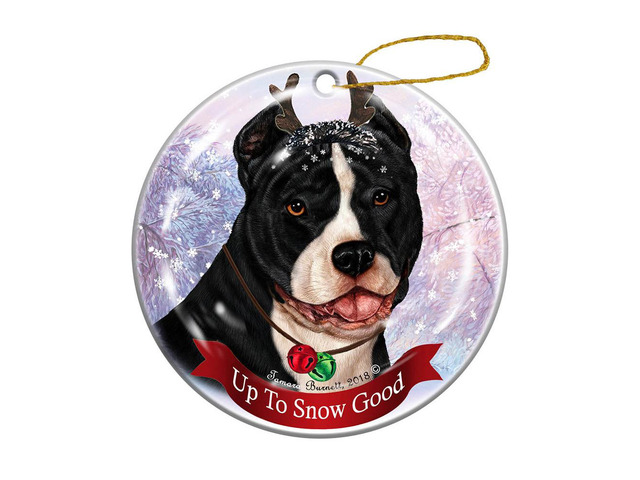 Holiday Pet Gifts Black and White Pit Bull Cropped Dog Porcelain Christmas Ornament