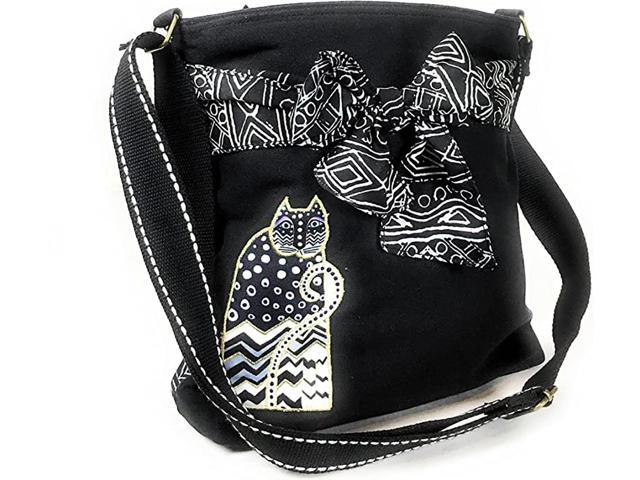 Laurel Burch Feline Crossbody Shoulder Bag Purse, Black Polka Dot Cat