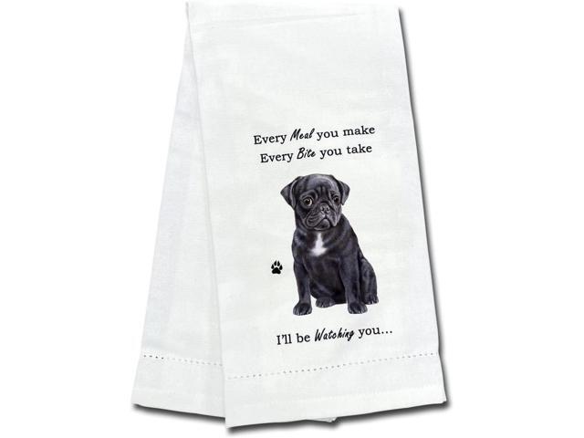 E & S Pets 711-32 Black Pug Dog Kitchen Towel, Off-white