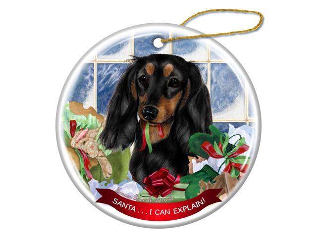 Longhaired Black/Tan Dachshund Porcelain Ornament 'Santa.. I Can Explain!