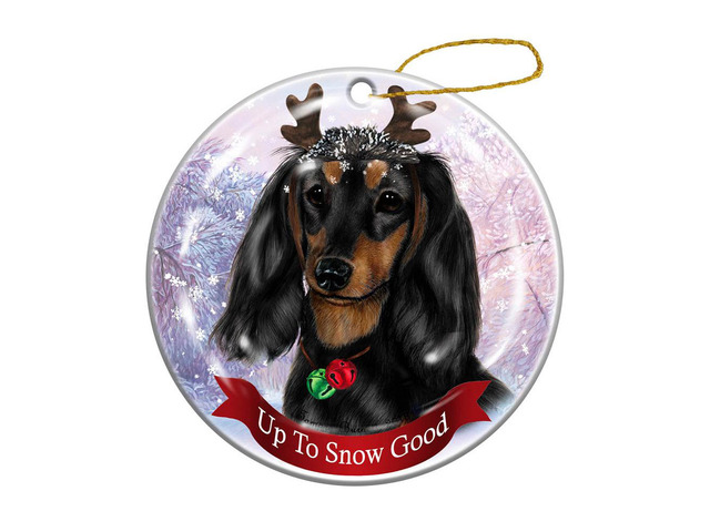 Holiday Pet Gifts Longhaired Black/Tan Dachshund Dog Porcelain Christmas Ornament