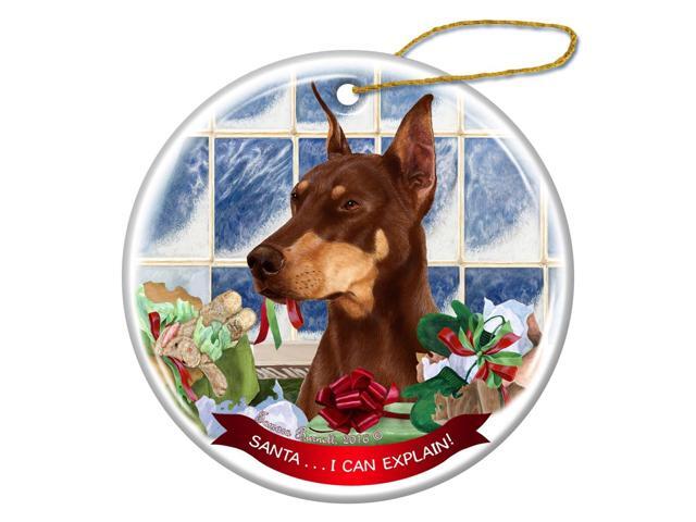 Red Doberman Cropped Ears Dog Porcelain Ornament 'Santa.. I Can Explain!'