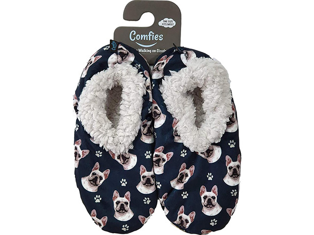 Comfies Womens French Bulldog Dog Slippers - Sherpa Lined Animal Print Booties