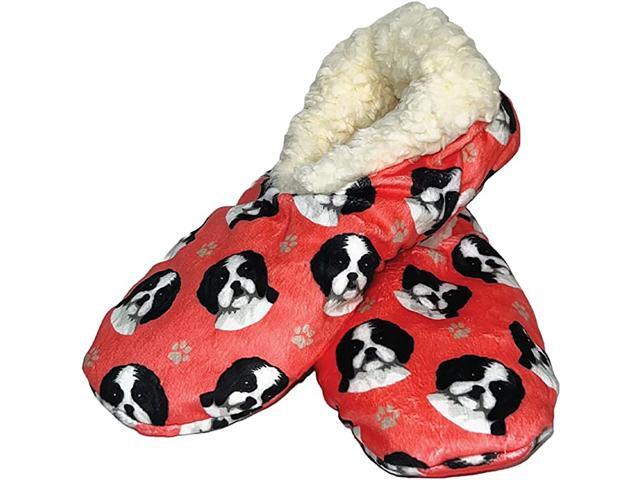 Comfies Womens Black White Shih Tzu Slippers - Sherpa Lined Animal Print Booties