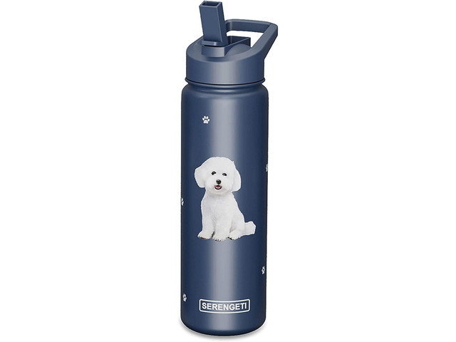 E & S Pets Stainless Steel Water Bottle 24 Oz, Spill Proof (Bichon)