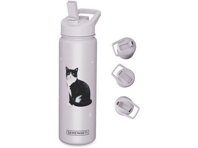 E & S Pets Stainless Steel Water Bottle 24 Oz., Spill Proof (Black & White Cat)