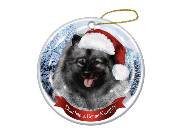 Holiday Pet Gifts Keeshond Santa Hat Dog Porcelain Christmas Tree Ornament