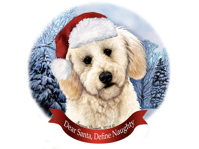 Holiday Pet Gifts Labradoodle, White Santa Hat Dog Porcelain Christmas Ornament