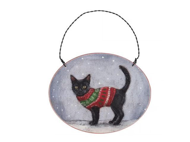Primitives By Kathy Cozy Black Cat with Sweater Wooden Christmas Ornament