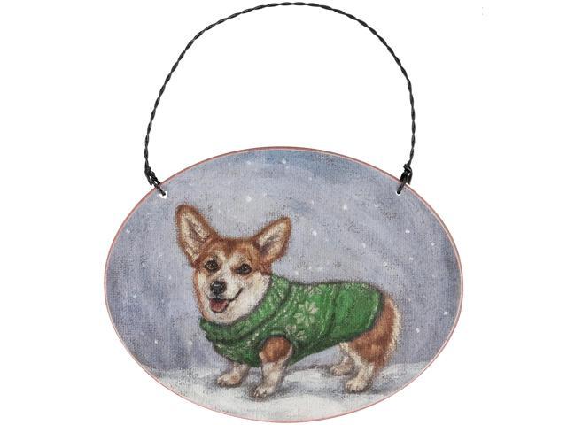 Primitives By Kathy Cozy Corgi Dog with Sweater Wooden Christmas Ornament