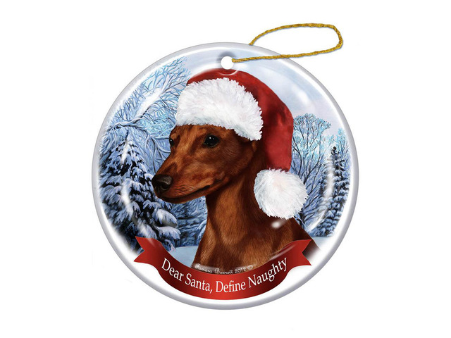 Holiday Pet Gifts Min Pin (Red) Santa Hat Dog Porcelain Christmas Tree Ornament