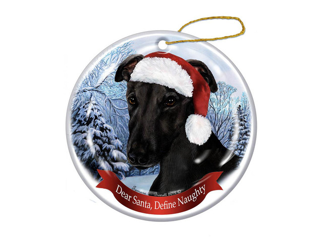 Holiday Pet Gifts Black Greyhound Santa Hat Dog Porcelain Christmas Ornament