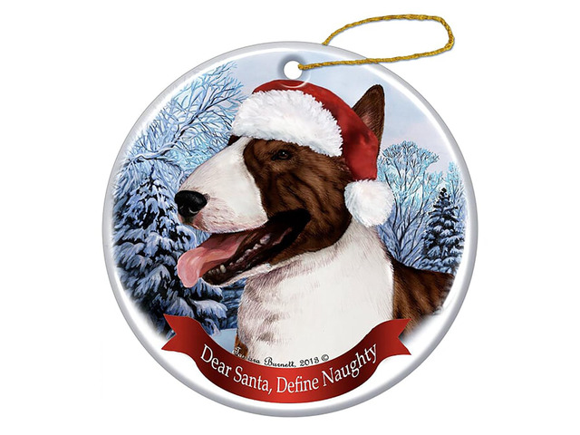 Holiday Pet Gifts Bull Terrier Brindle Dog Santa Hat Porcelain Ornament