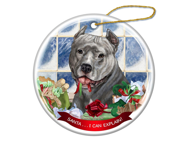 Blue Pit Bull Cropped Dog Porcelain Ornament Pet Gift 'Santa.. I Can Explain!'