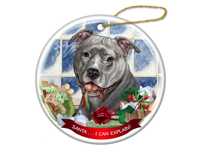 Blue Pit Bull Uncropped Dog Porcelain Ornament Pet Gift 'Santa.. I Can Explain!