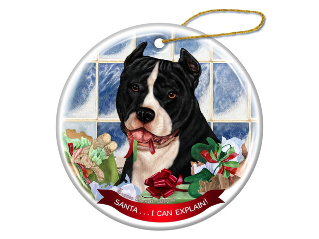 Black and White Pit Bull Cropped Dog Porcelain Ornament 'Santa.. I Can Explain!'