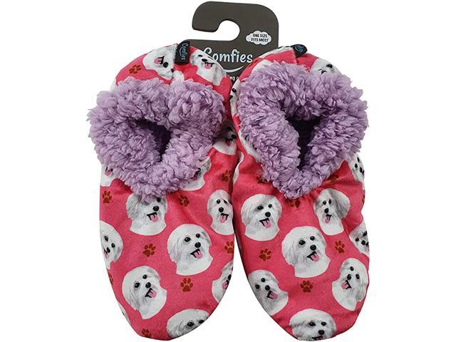 Comfies Womens Maltese Dog Slippers - Sherpa Lined Animal Print Booties