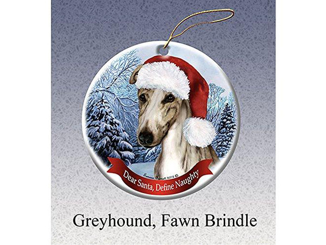 Holiday Pet Gifts Greyhound, Fawn Brindle Santa Hat Dog Porcelain Ornament