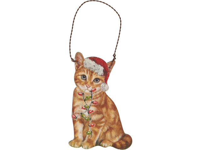 Primitives By Kathy Orange Cat with Santa Hat and Scarf Wooden Christmas Ornament
