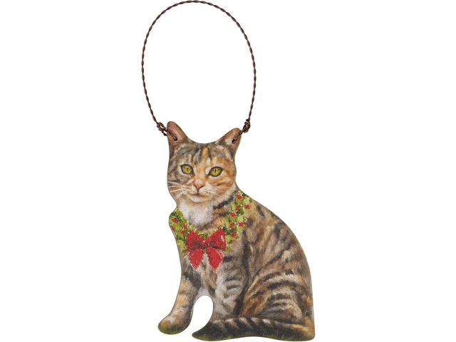 Primitives By Kathy Tabby Cat with Wreath Ornament Wooden Christmas Ornament