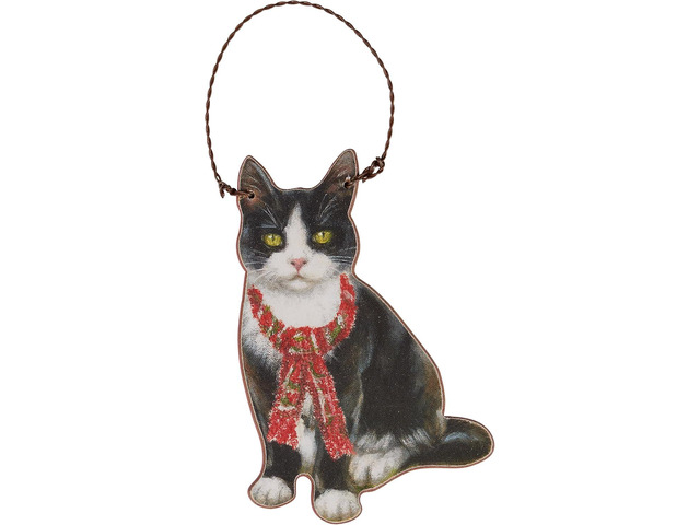 Primitives By Kathy Tuxedo Cat with Holiday Scarf Wooden Christmas Ornament
