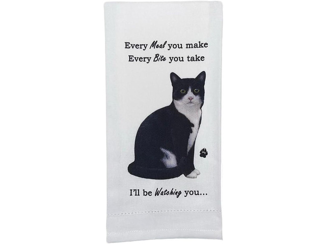 E & S Pets 712-3 Black And White Cat Kitchen Towel, Off-white