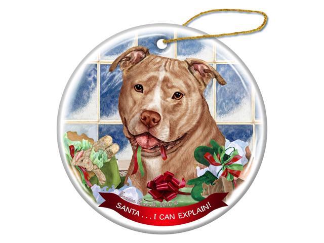 Cream and White Pit Bull Uncropped Dog Porcelain Ornament 'Santa. I Can Explain!