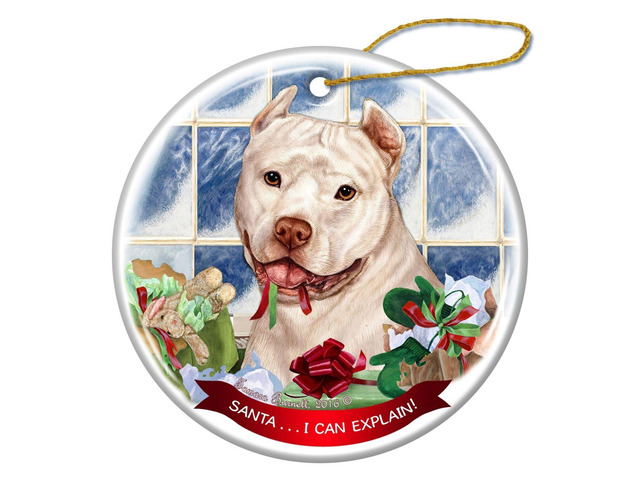 White Pit Bull Cropped Dog Porcelain Ornament Pet Gift 'Santa.. I Can Explain!