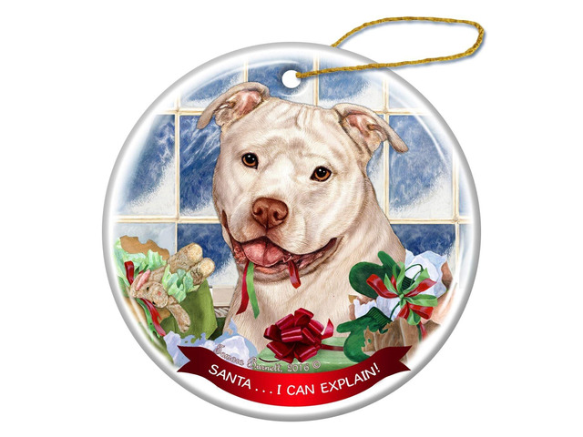 White Pit Bull Uncropped Dog Porcelain Ornament Pet Gift 'Santa.. I Can Explain!