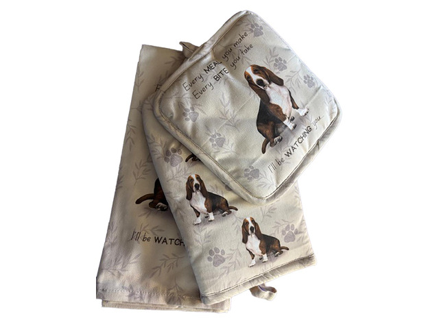 E & S Pets Basset Hound Dog 3 Piece Kitchen Set - Oven Mitt, Towel, Pot Holder