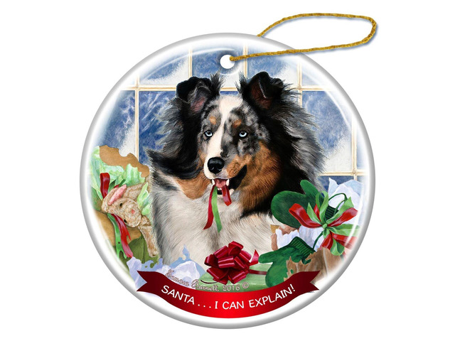 Blue Merle Sheltie Dog Porcelain Ornament Pet Gift 'Santa.. I Can Explain!'