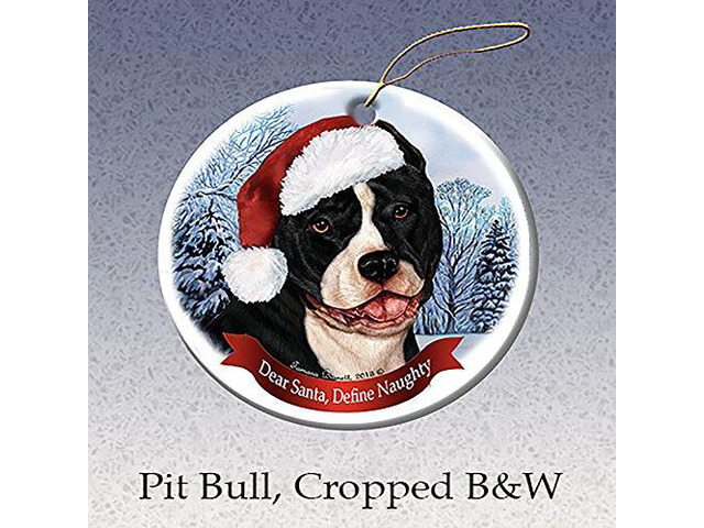 Holiday Pet Gifts Black & White Pit Bull (Cropped) Dog Porcelain Ornament