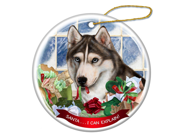 Grey and White Siberian Husky Dog Porcelain Ornament 'Santa.. I Can Explain!'