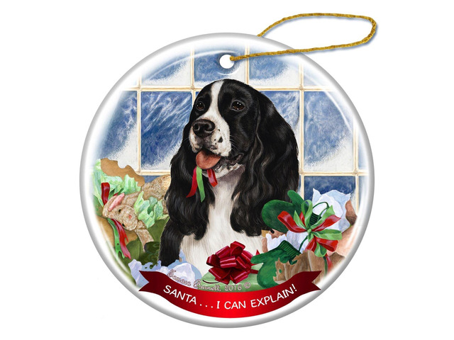 Black and White Springer Spaniel Dog Porcelain Ornament 'Santa.. I Can Explain!