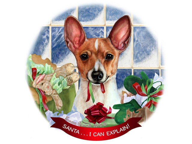 Red and White Toy Fox Terrier Dog Porcelain Ornament 'Santa.. I Can Explain!'