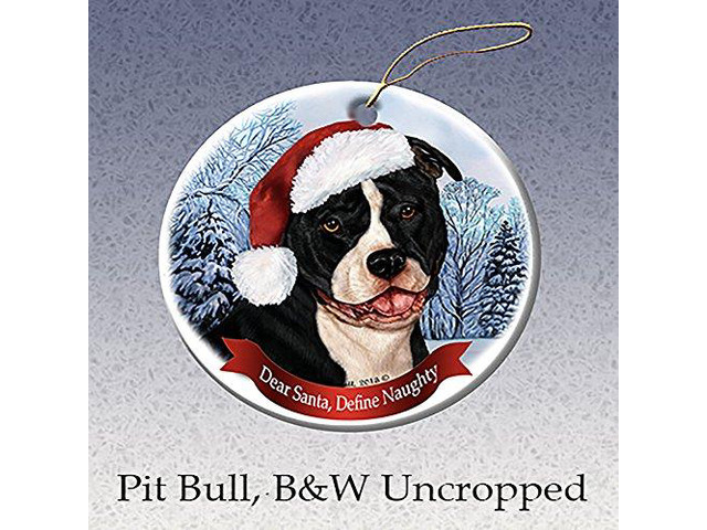 Holiday Pet Gifts Black & White Pit Bull (Uncropped) Dog Porcelain Ornament