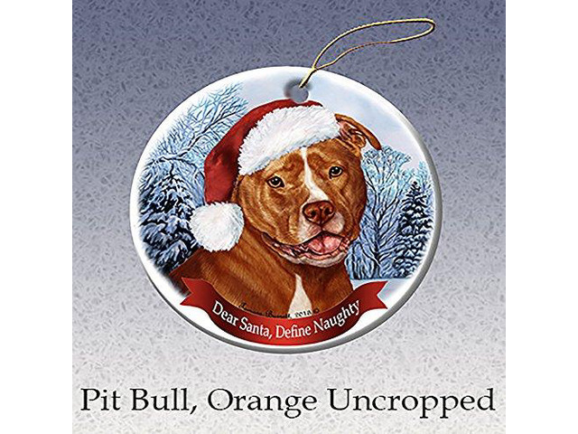 Holiday Pet Gifts Orange & White Pit Bull (Uncropped) Dog Porcelain Ornament