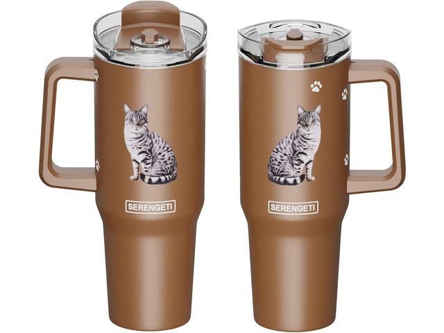 Serengeti 40 Oz Silver Tabby Cat Stainless Steel Tumbler w Handle, Straw & Lid