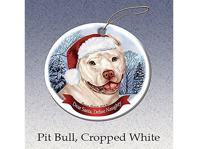 Holiday Pet Gifts White Pit Bull (Cropped) Santa Hat Dog Porcelain Ornament