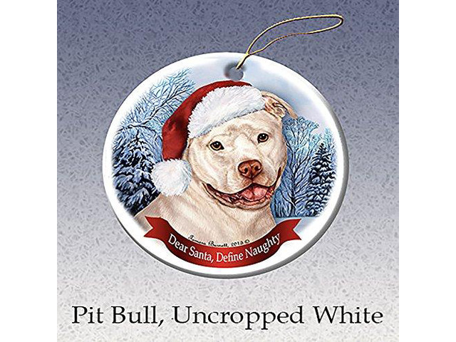 Holiday Pet Gifts White Pit Bull (Uncropped) Santa Hat Dog Porcelain Ornament
