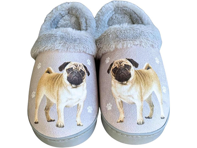 E & S Pets Tan Pug Snugg Slippers for Pet Lovers - Fuzzy Memory Foam, S/M