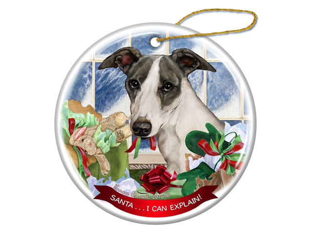 Blue Whippet Dog Porcelain Hanging Ornament Pet Gift 'Santa.. I Can Explain!