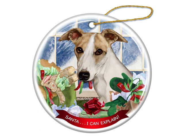 Tan Whippet Dog Porcelain Hanging Ornament Pet Gift 'Santa.. I Can Explain!'