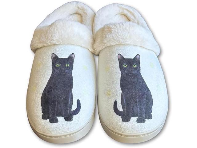 E & S Pets Black Cat Snugg Slippers for Pet Lovers - Fuzzy Memory Foam, S/M