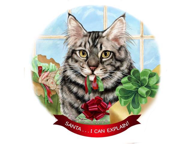 Maine Coon Silver Tabby Cat Porcelain Ornament Pet Gift 'Santa.. I Can Explain!