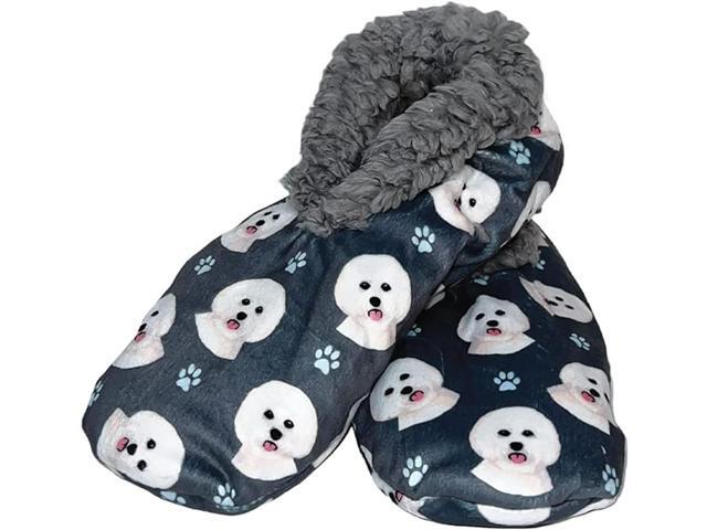 Comfies Womens Bichon Frise Dog Slippers - Sherpa Lined Animal Print Booties